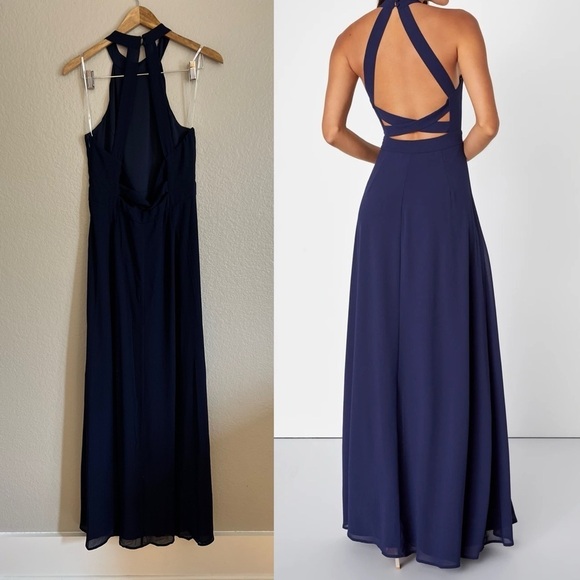 Confidently Charismatic Navy Blue Backless Halter Maxi Dress - Picture 3 of 8